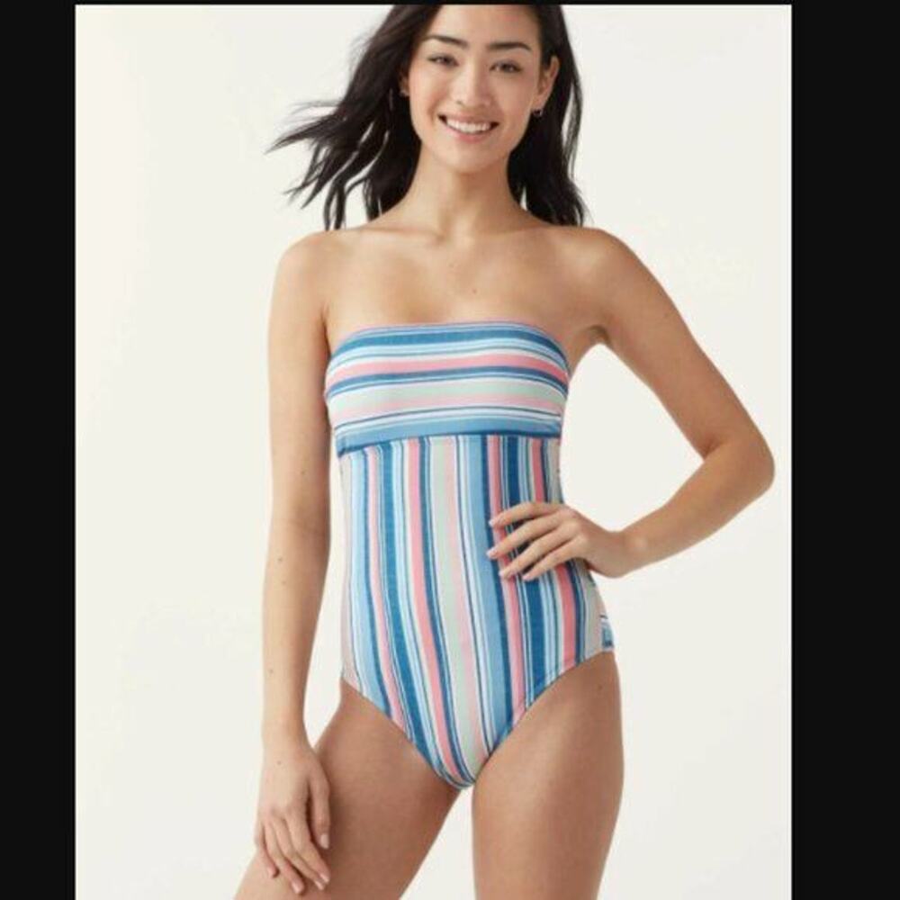 Splendid NWT Blue Pink Striped Holding Pattern Bandeau One-Piece Swimsuit Size M